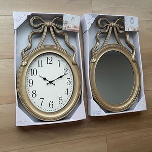 NIB Ballet Bow Rustic Bronze Elegant Gold Wall Clock and Mirror Set